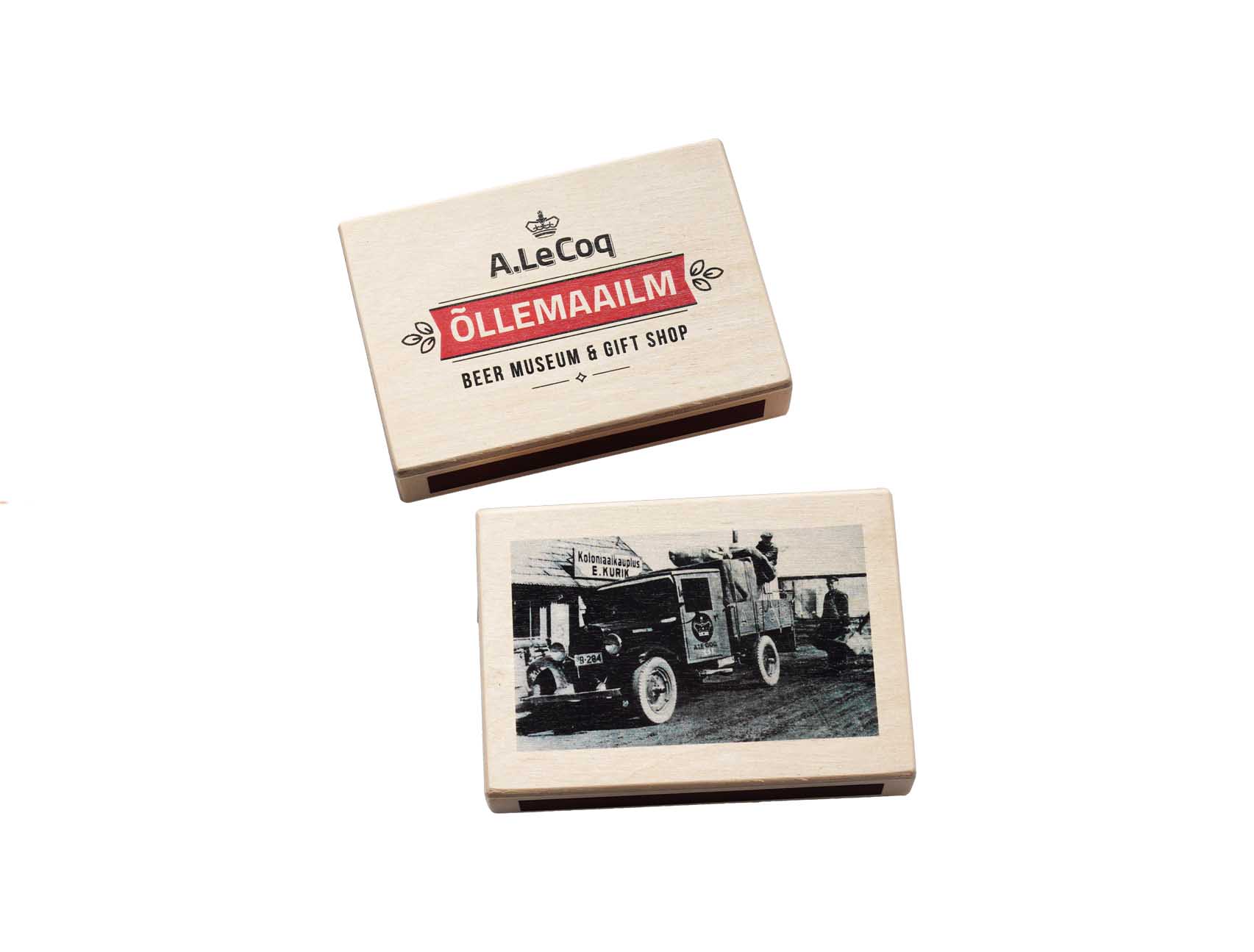 Wooden Matchbox with brewery logo and picture, A.Le Coq